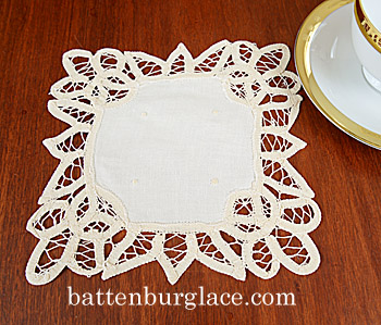 Battenburg Lace. Square Doilies. 7in. Ecru color.